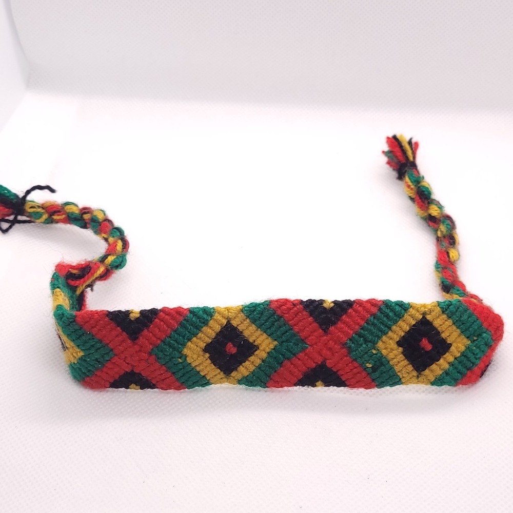 Handwoven Woven Cuff Bracelet Red Green Yellow Black Geometric Boho Textile